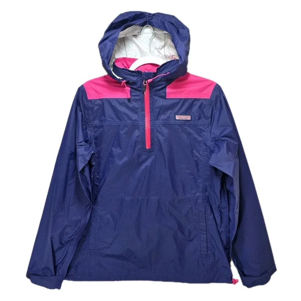 Vineyard Vines Rain Jacket Womens‎ Small Windbreaker Qtr Zip Hide Away Hood Blue
